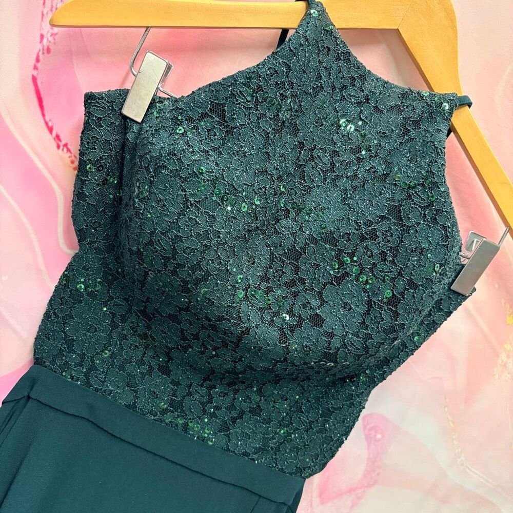 Morgan & Co 9 Forest Green Flowy Formal Gown Long Dress Lace Up Back Lace Sequin - Picture 4 of 13